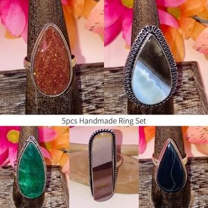 5pcs Natural Gemstone Chunky Handmade Ring Set Size 8 - 8.5